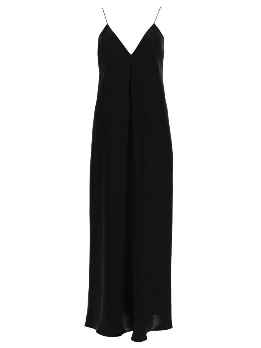 Khaite Flowing Black Midi Dress With Spaghetti Straps And V-Neckline