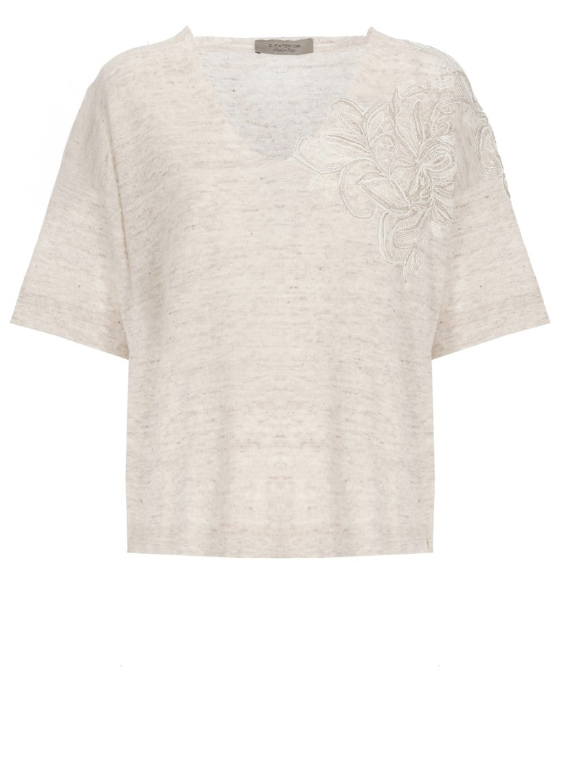 D. Exterior Beige Lace Linen-Blend V-Neck Short-Sleeved Top
