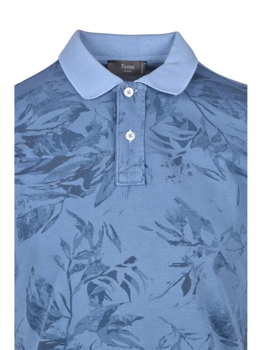 Fama Light Blue Leaf-Patterned Stretch Cotton Polo Shirt