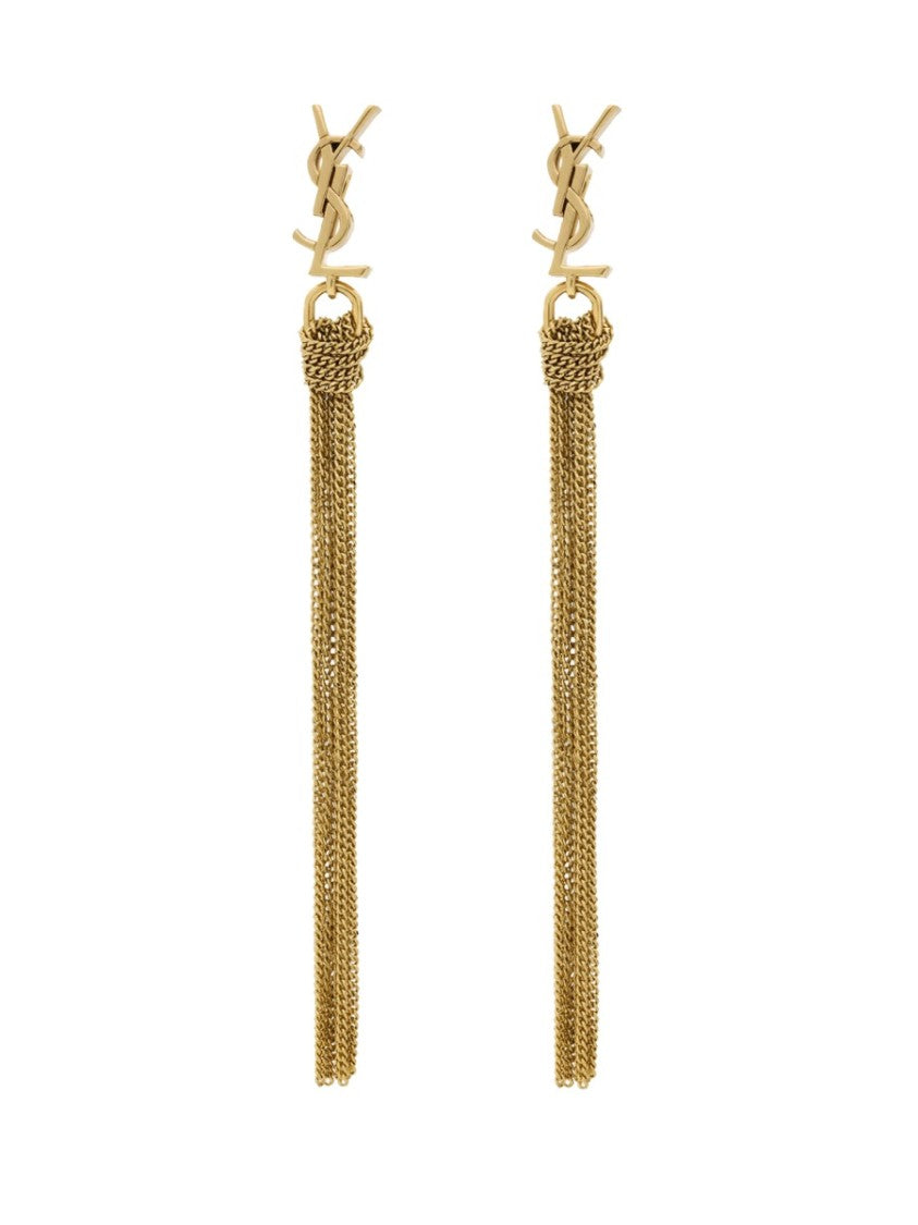 Saint Laurent Brass Logo Chain Tassel Earrings