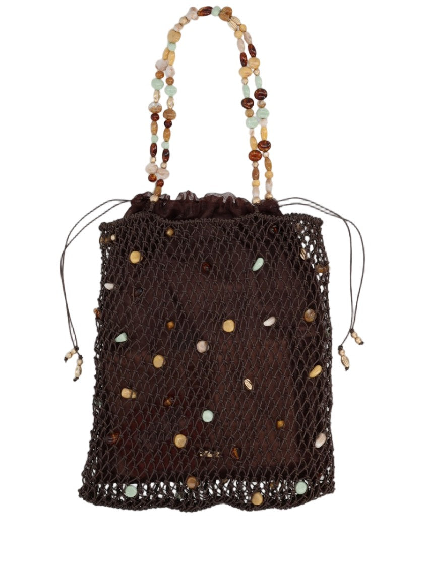 Cult Gaia Brown Decorative Beaded Tote Bag With Drawstring Closure