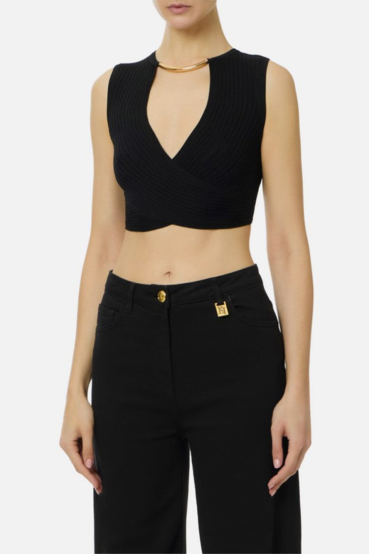 Elisabetta Franchi Black Ribbed Crossover Wrap Jewel Clasp Viscose-Blend Tank Top