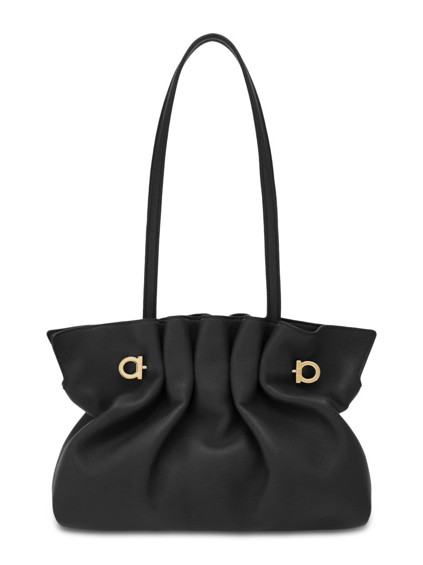 Ferragamo Ruched Lamb Leather Handbag With Gold-Tone Accents