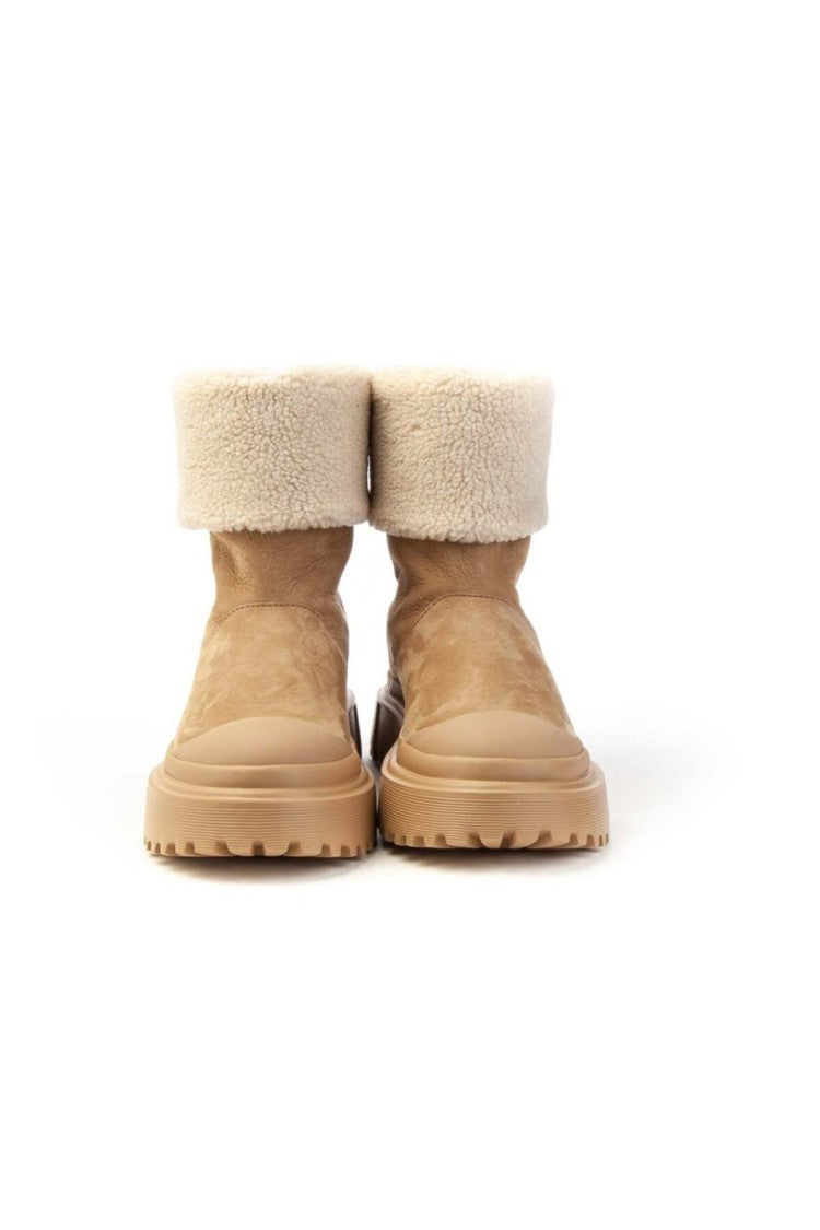 Hogan Beige Suede Shearling Cuff Lug Sole Boots