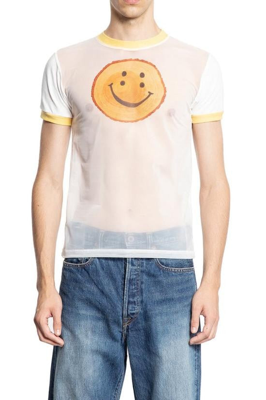 Kapital Semi-Sheer White T-Shirt With Hand-Drawn Smiley Graphic