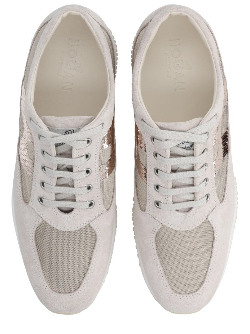 Hogan Light Beige Interactive Sequin Logo Sneakers