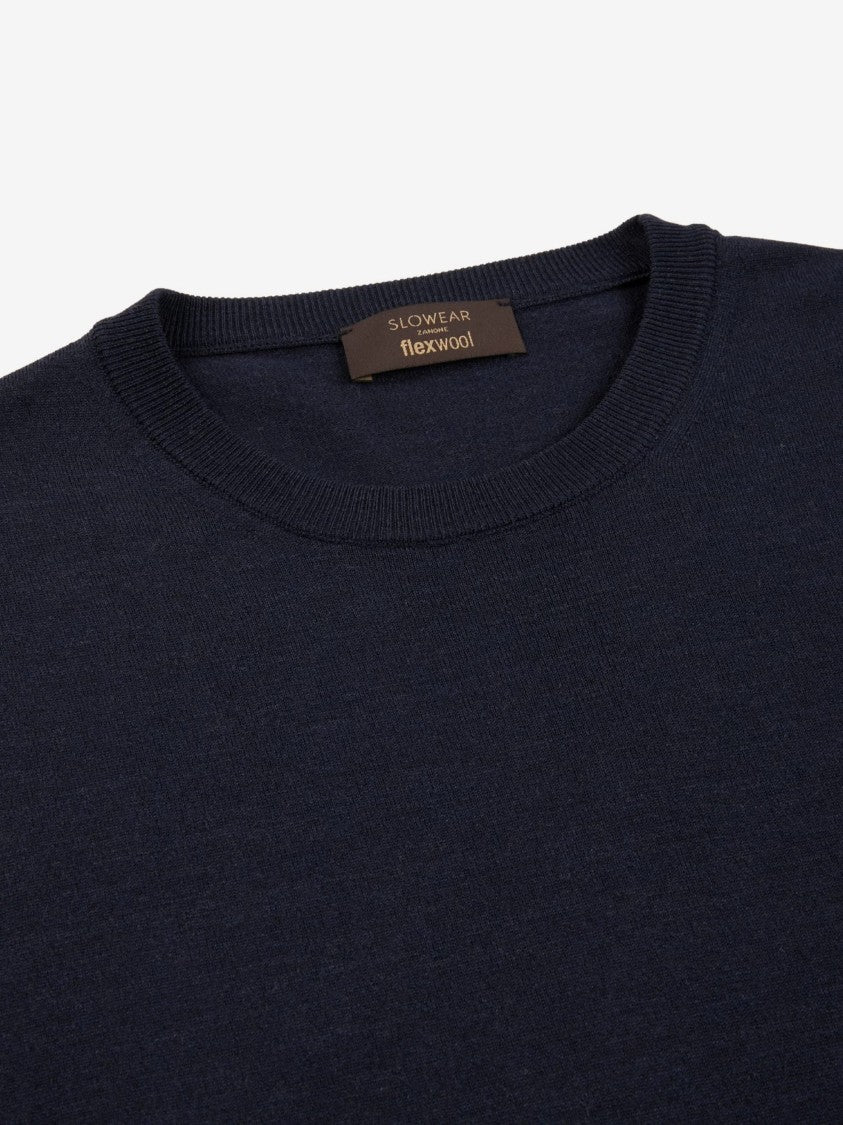 Zanone Crew Neck Blue Sweater With Fine Knit Texture And Ribbed Details