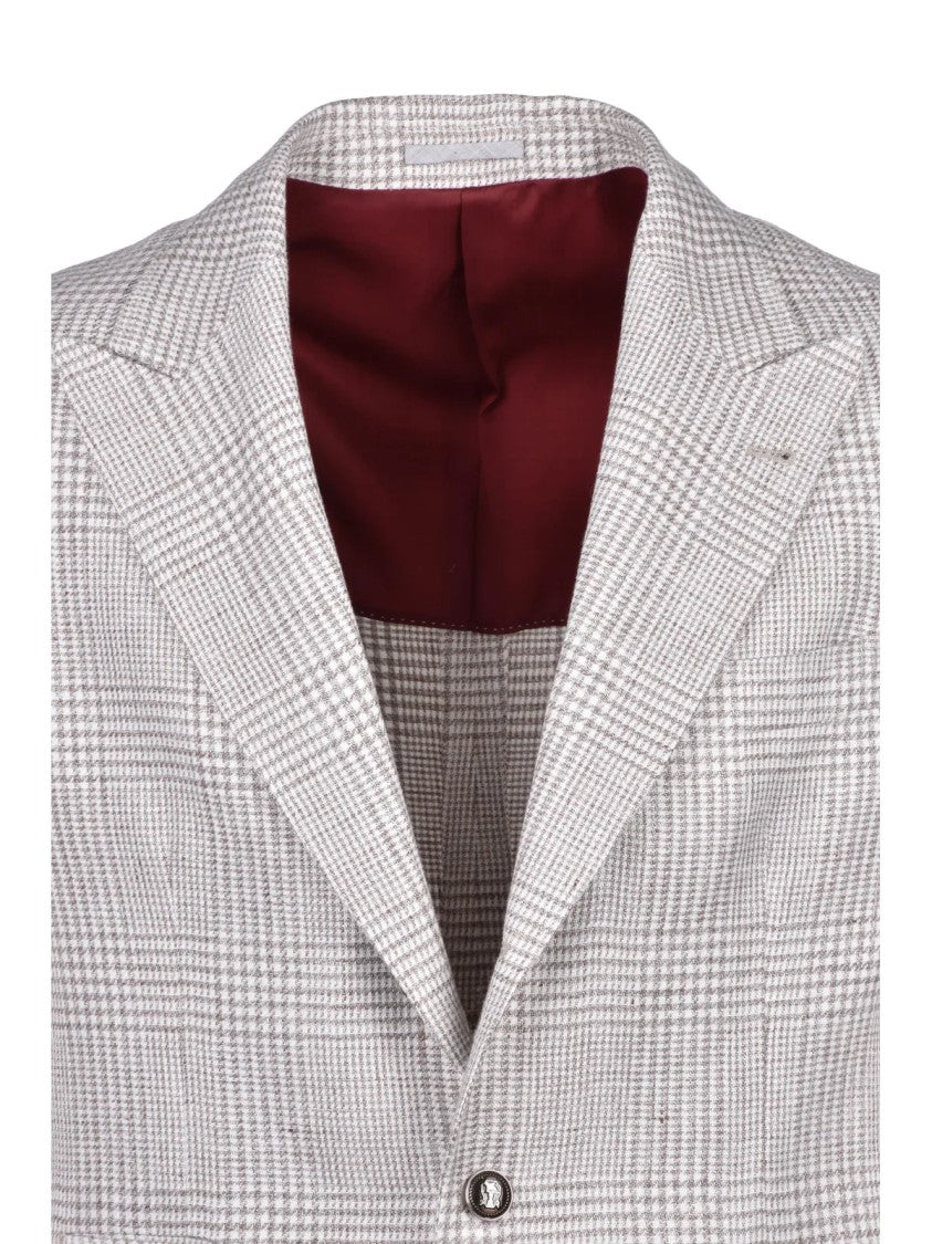 Brunello Cucinelli Brown White Checkered Linen-Blend Unlined Blazer