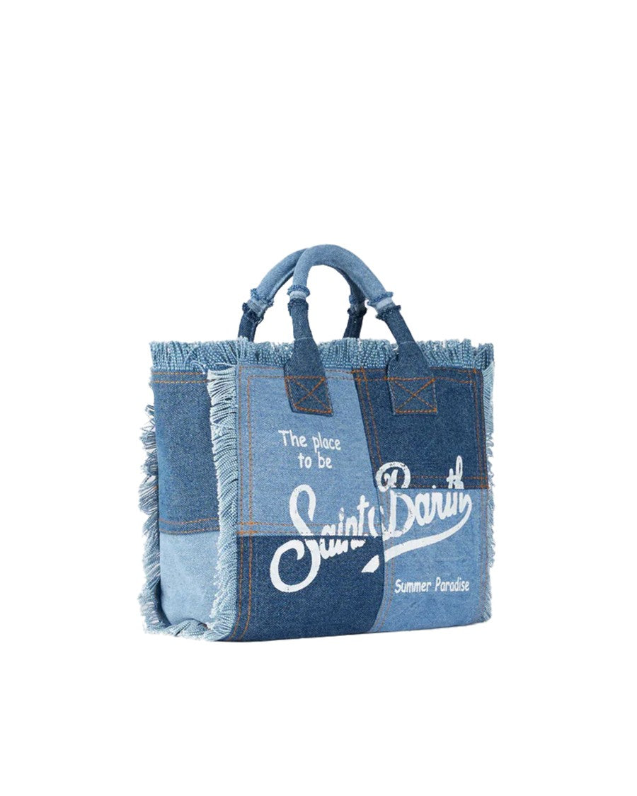 Mc2 Saint Barth Patchwork Denim Tote Bag With Frayed Edges And Internal Zip Pocket