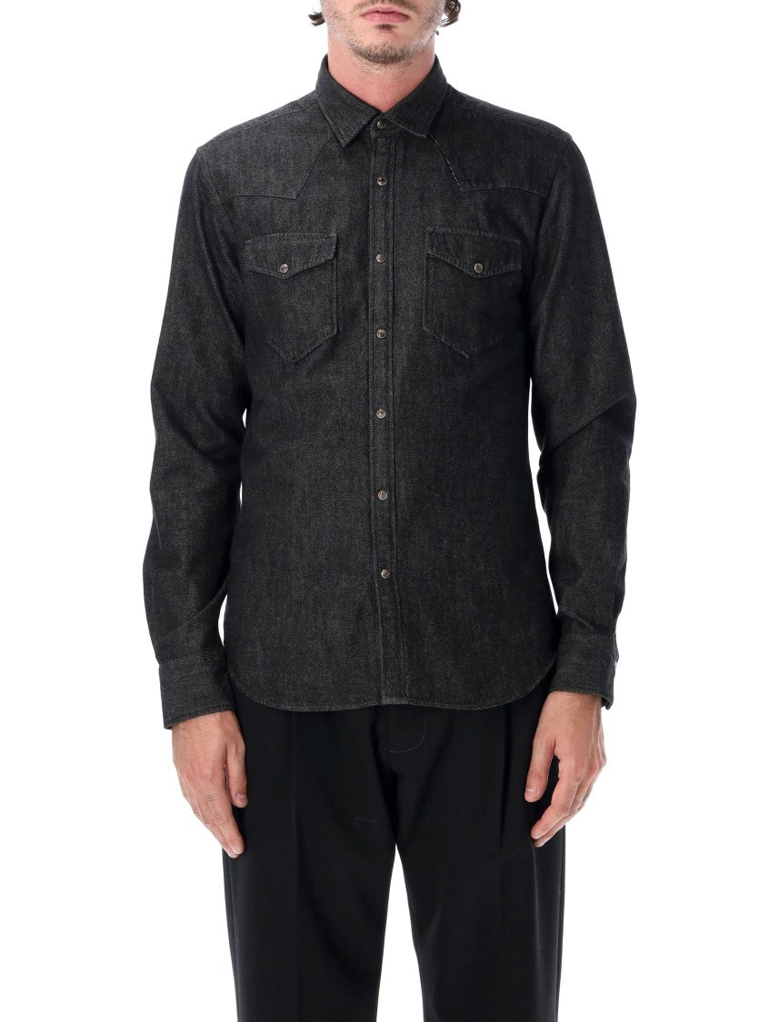 Xacus Tailor Fit Wash Black Denim Snap Western Casual Shirt