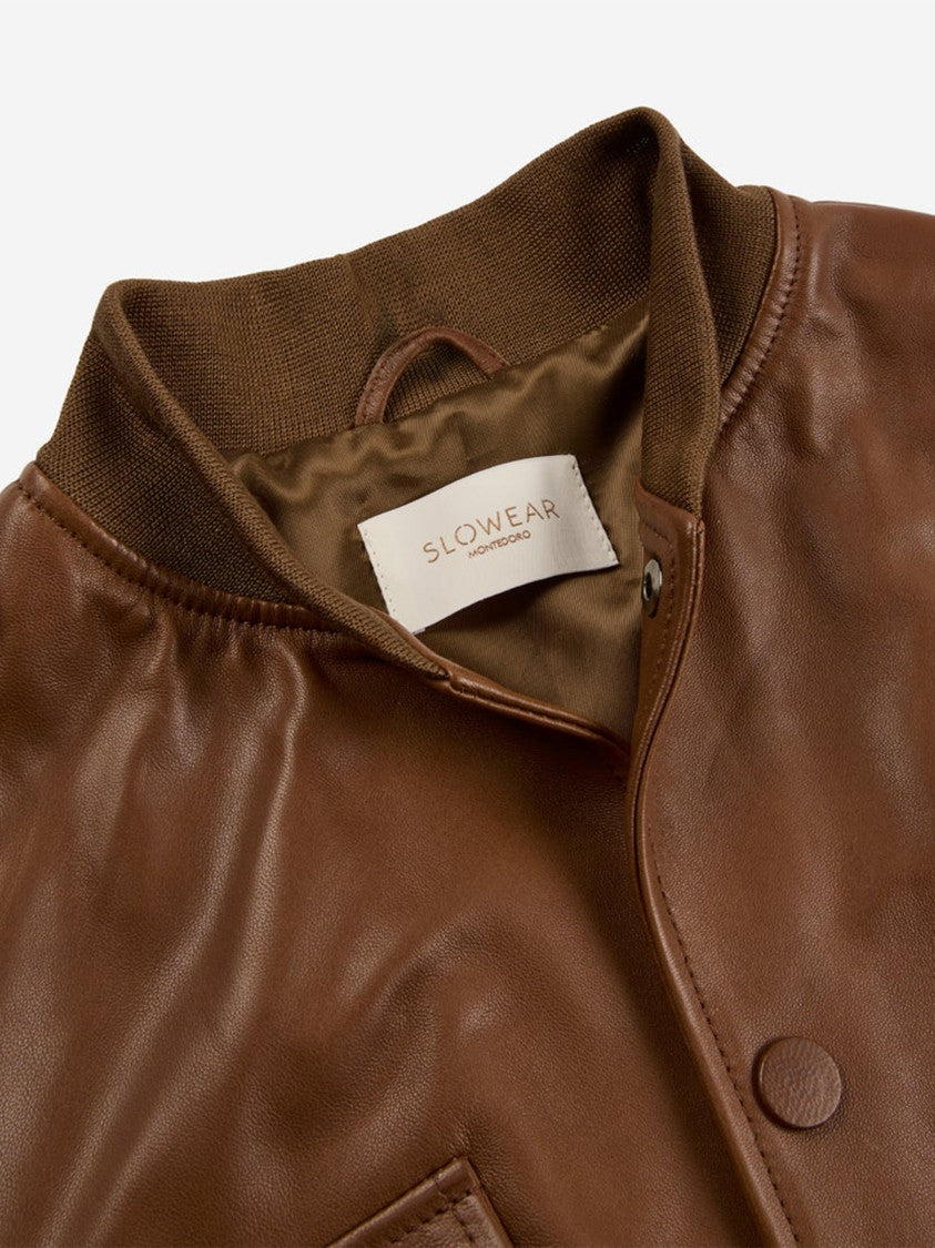 Montedoro Brown Cropped Smooth Leather Bomber Jacket