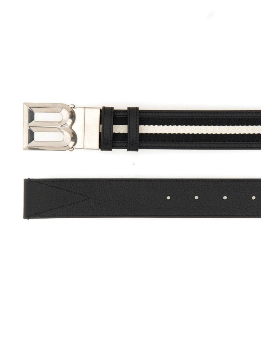 Bally Black Leather Belt With Parallel White Stripes