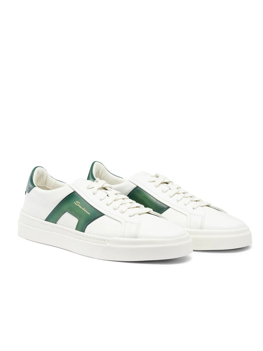 Santoni White Leather Sneakers With Double Buckle Accent