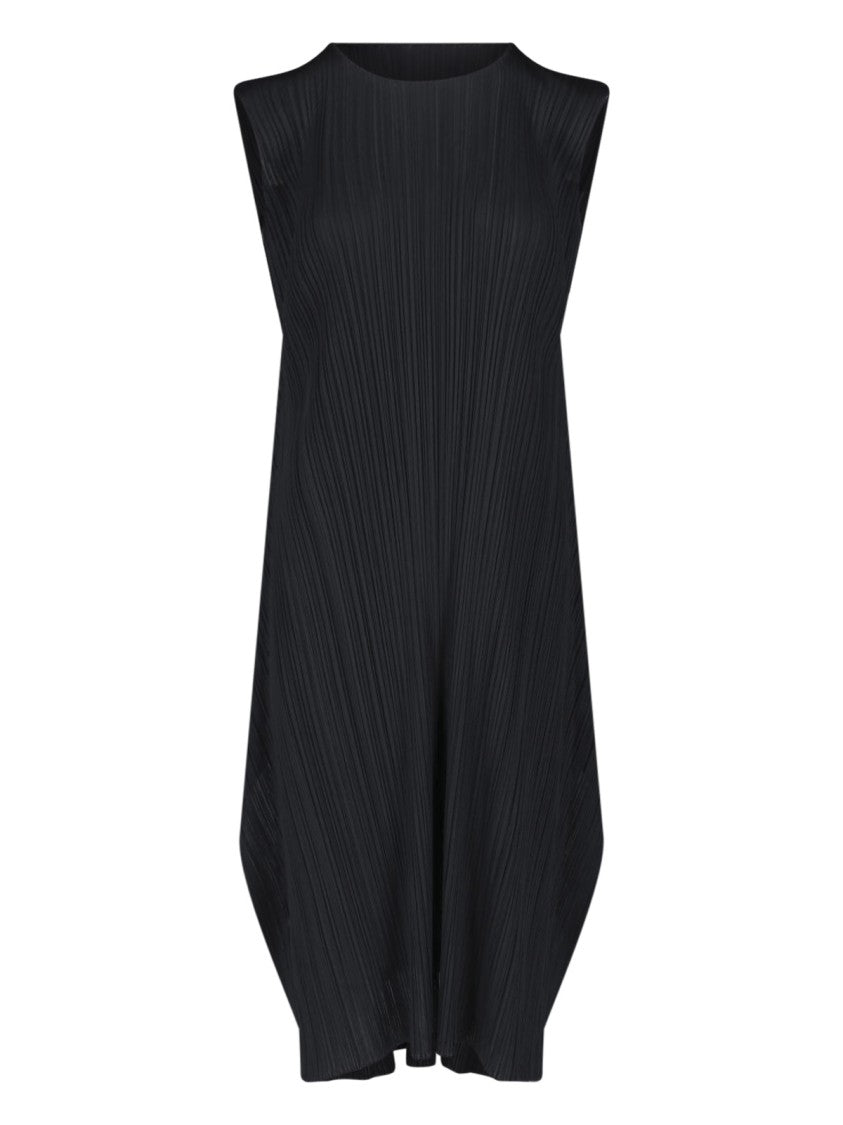 Pleats Please Issey Miyake Black Pleated Asymmetrical Midi Dress