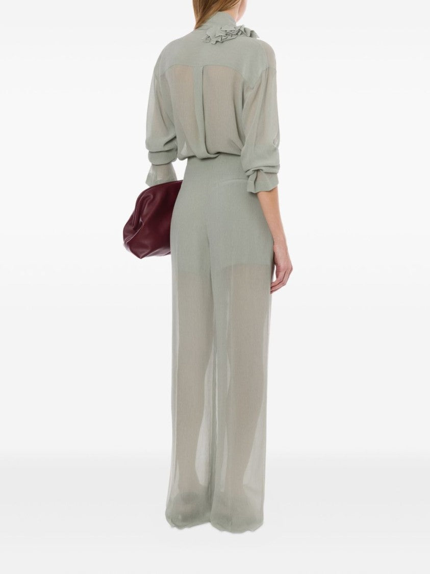 Alberta Ferretti Light Gray Ruffle Blouse With Deep V-Neckline