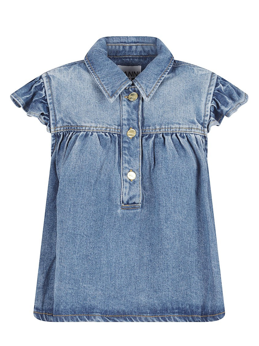 Ganni Medium-Wash Denim Shirt With Ruffled Sleeves