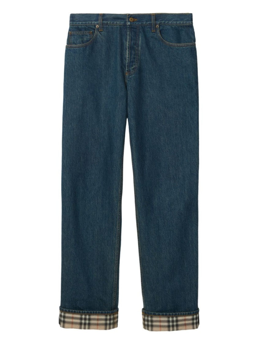 Burberry Blue Check Patterned Hem Cotton Jeans