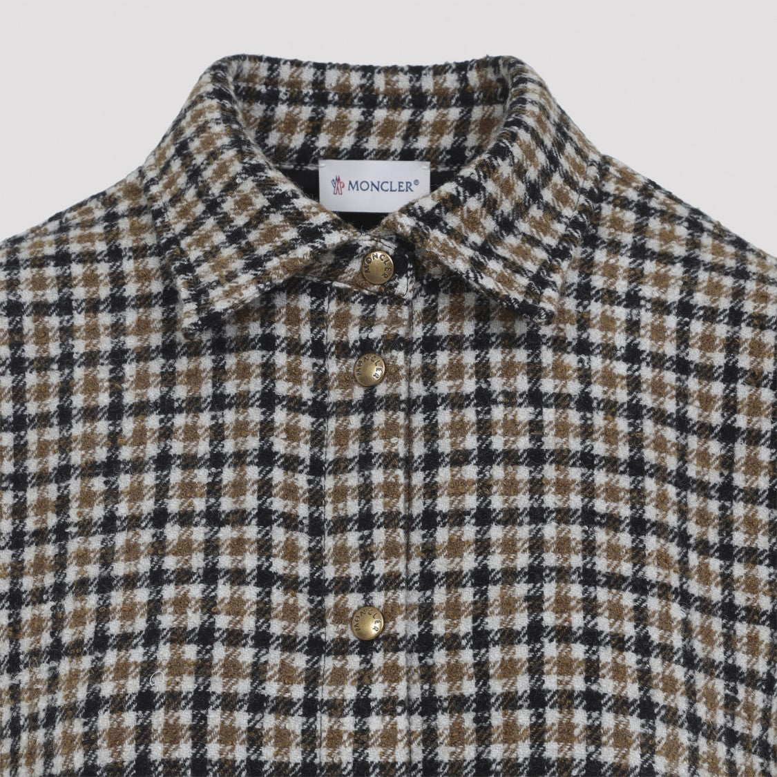 Moncler Checked Grey Wool Shirt With Asymmetric Hem And Buttoned Cuffs