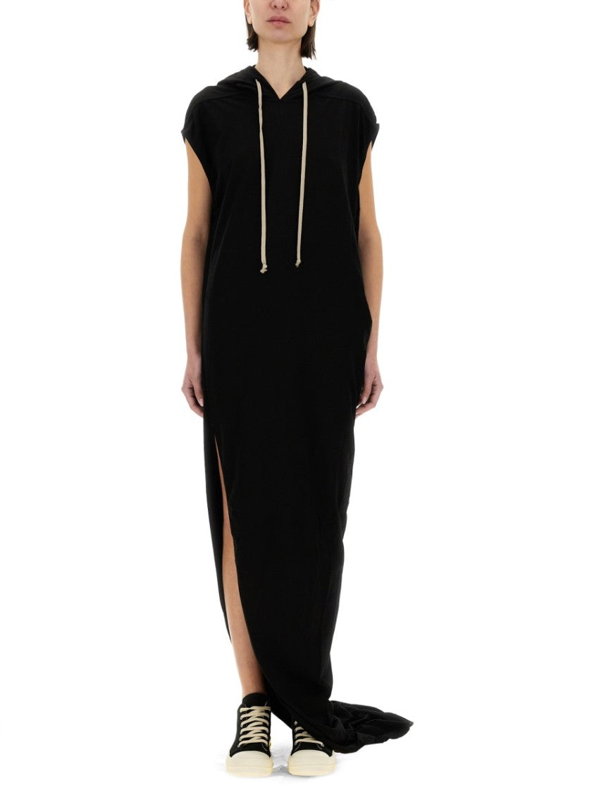 Drkshdw By Rick Owens Hooded Black Maxi Dress With Side Slits