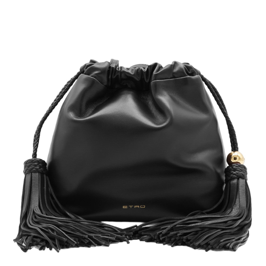 Etro Black Drawstring Bag With Fringe Tassels And Gold Accents