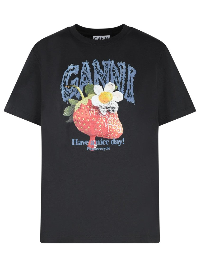 Ganni Strawberry T-Shirt In Black Cotton