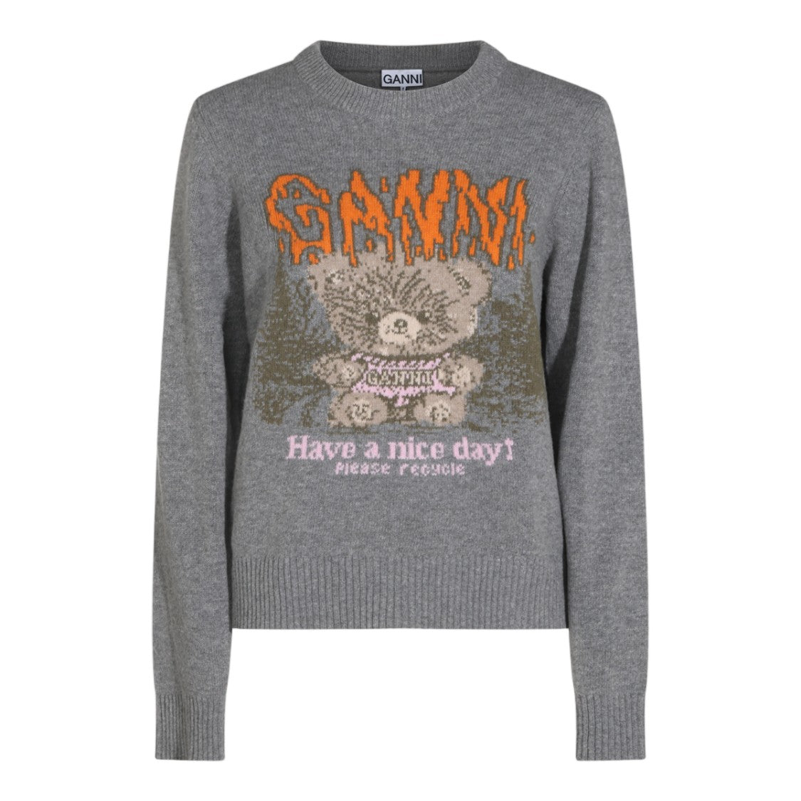 Ganni Medium Grey Graphic Teddy Bear Knit Sweater