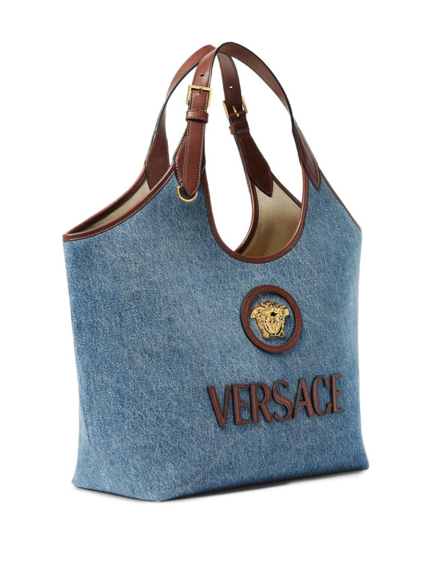 Versace Denim Tote Bag With Brown Leather Trim