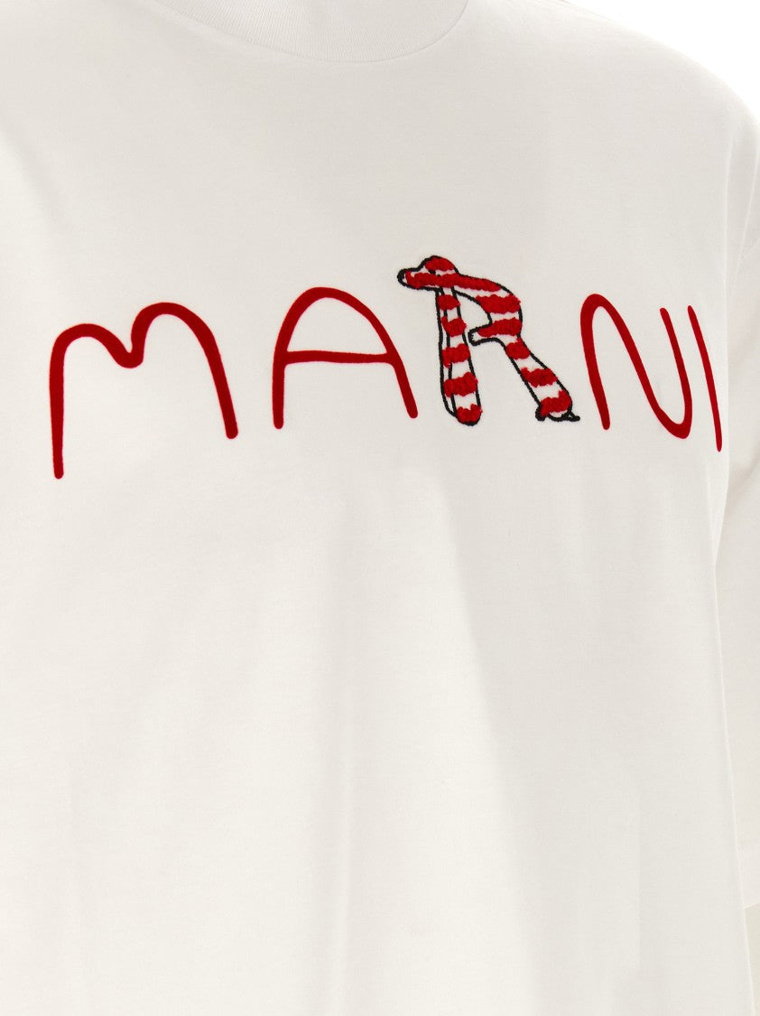 Marni Cotton Crewneck T-Shirt With Velvet Flocked Logo