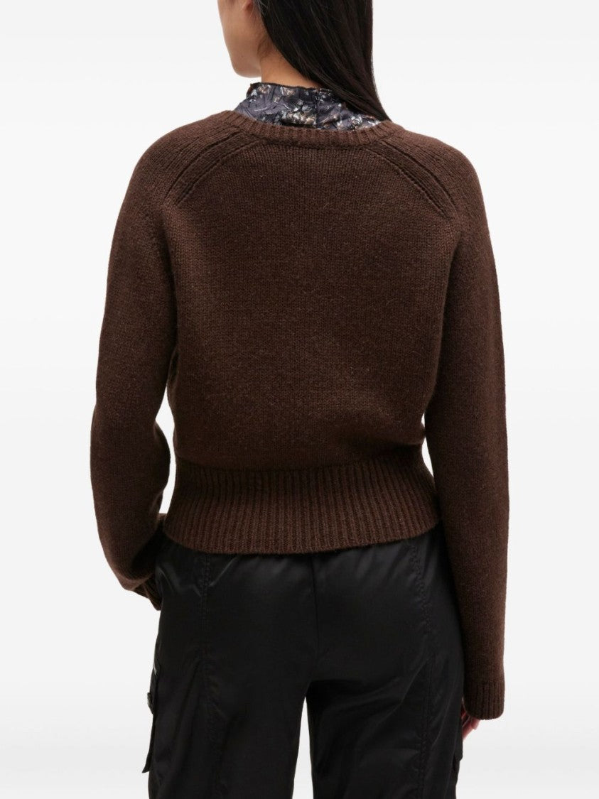Ganni Deep V-Neck Brown Sweater With Ribbed Details