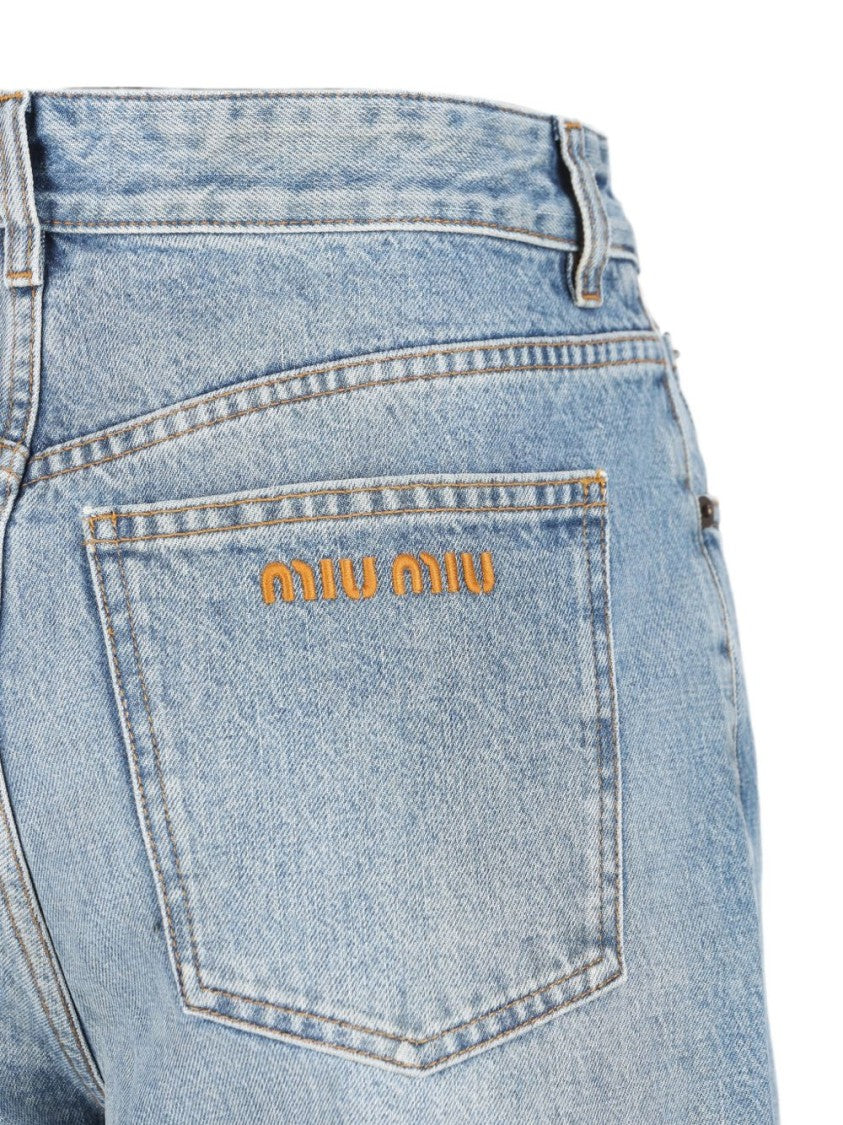 Miu Miu High-Rise Palazzo Jeans With Contrasting Stitching And Embroidered Logo