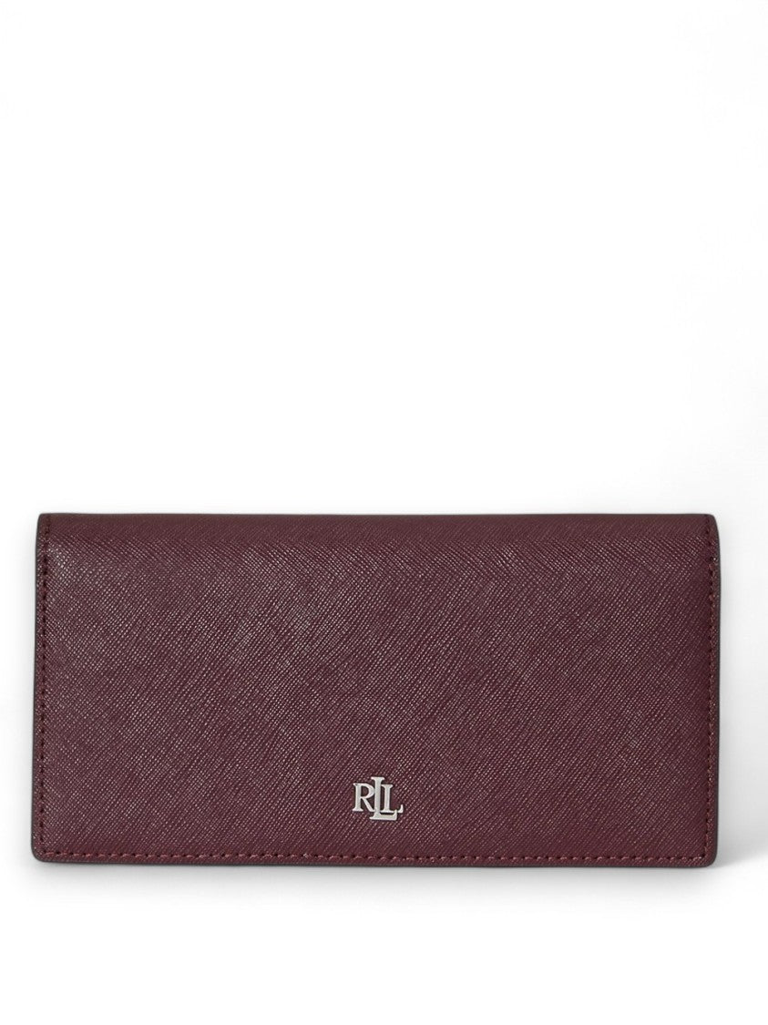 Lauren Ralph Lauren Textured Rectangular Wallet In Deep Burgundy With Metallic Emblem