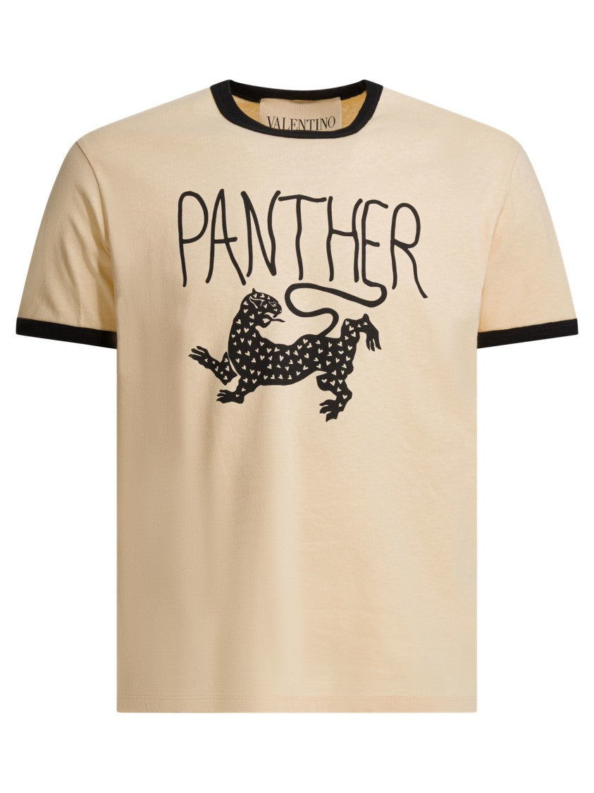 Valentino Beige Panther Graphic Print T-Shirt With Ribbed Trims