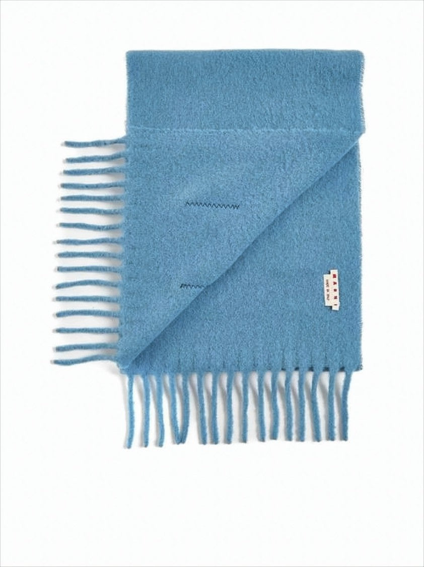Marni Textured Light Blue Alpaca Blend Scarf With Fringed Ends