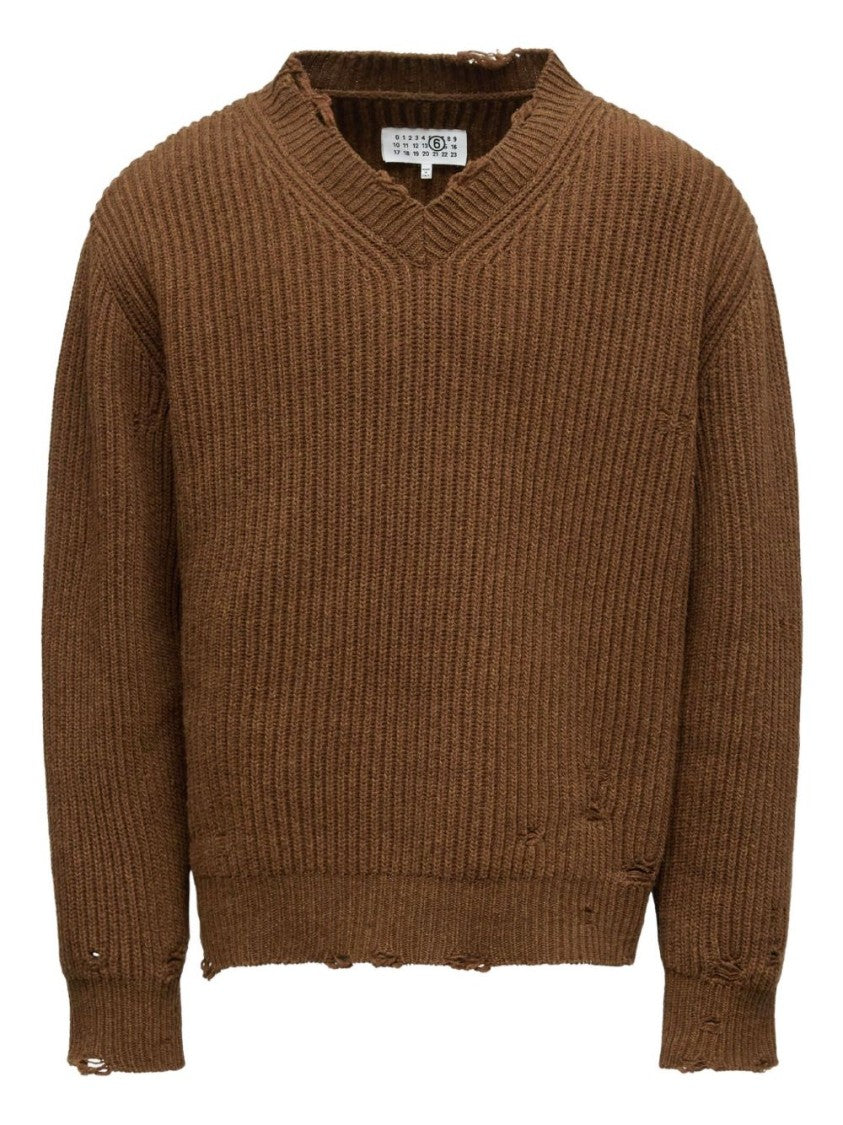 Mm6 By Maison Margiela Relaxed Fit V-Neck Sweater With Distressed Hem