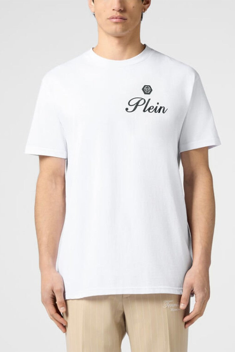 Philipp Plein White Hexagon Logo Embossed Script Cotton T-Shirt