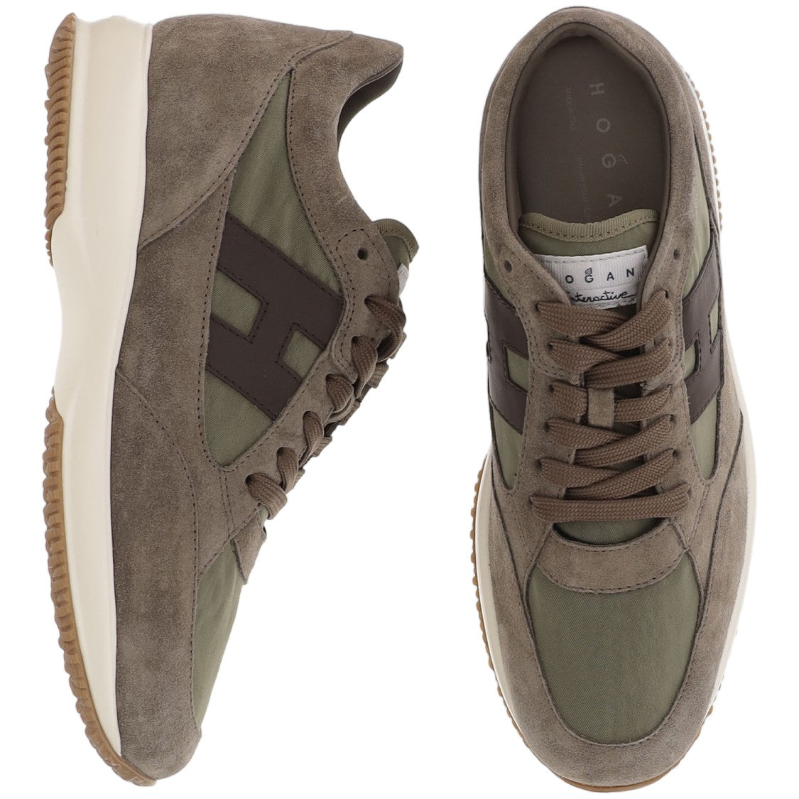 Hogan Beige Green Interactive Suede Nylon Sneakers