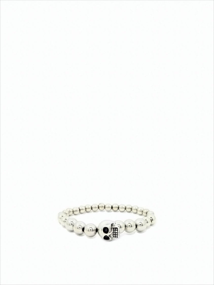Alexander Mcqueen Polished Silver Bead Bracelet With Skull Centerpiece