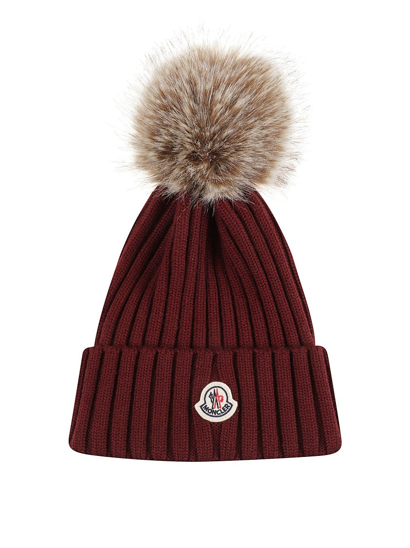 Moncler Ribbed Knit Wool Hat With Faux Fur Pompom
