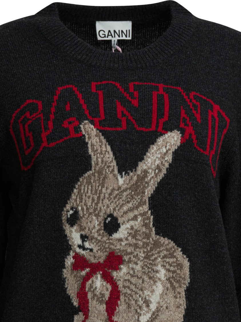 Ganni Graphic Print Wool Sweater With Ribbed Edges