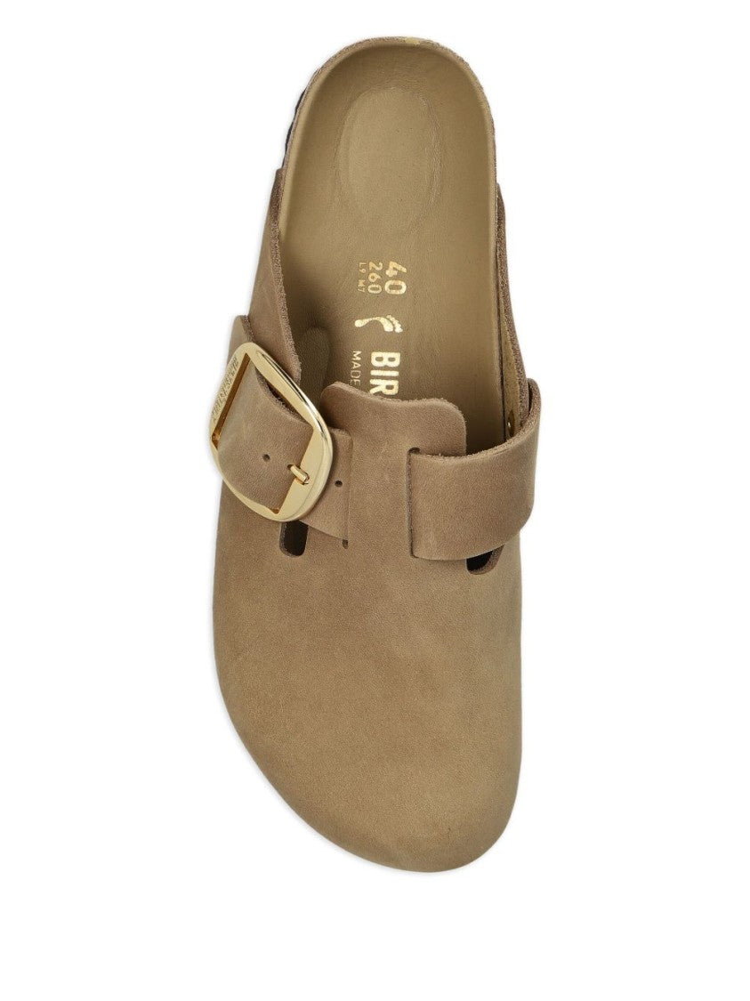Birkenstock Contoured Brown Slip-On Sandals With Gold-Tone Buckle