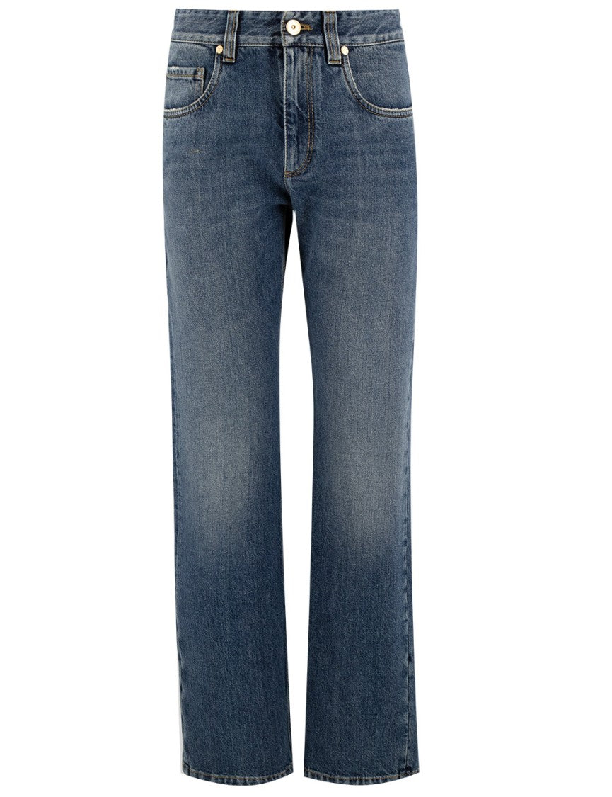 Brunello Cucinelli Tapered Blue Denim Trousers With Jewel Embroidery
