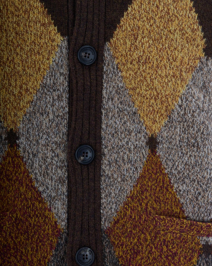 Ballantyne Brown Mouline Intarsia Wool Shawl Collar Cardigan
