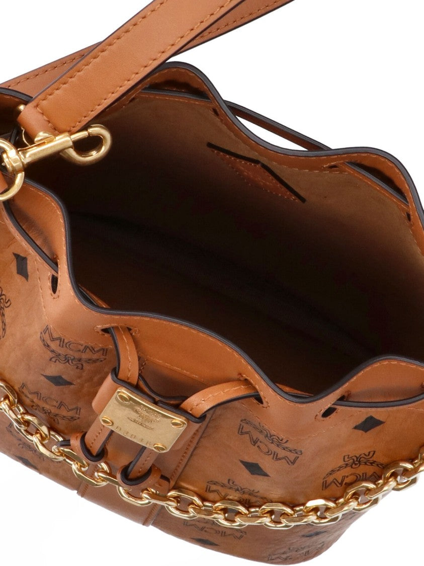 Mcm Brown Dessau Visetos Monogram Drawstring Bucket Bag