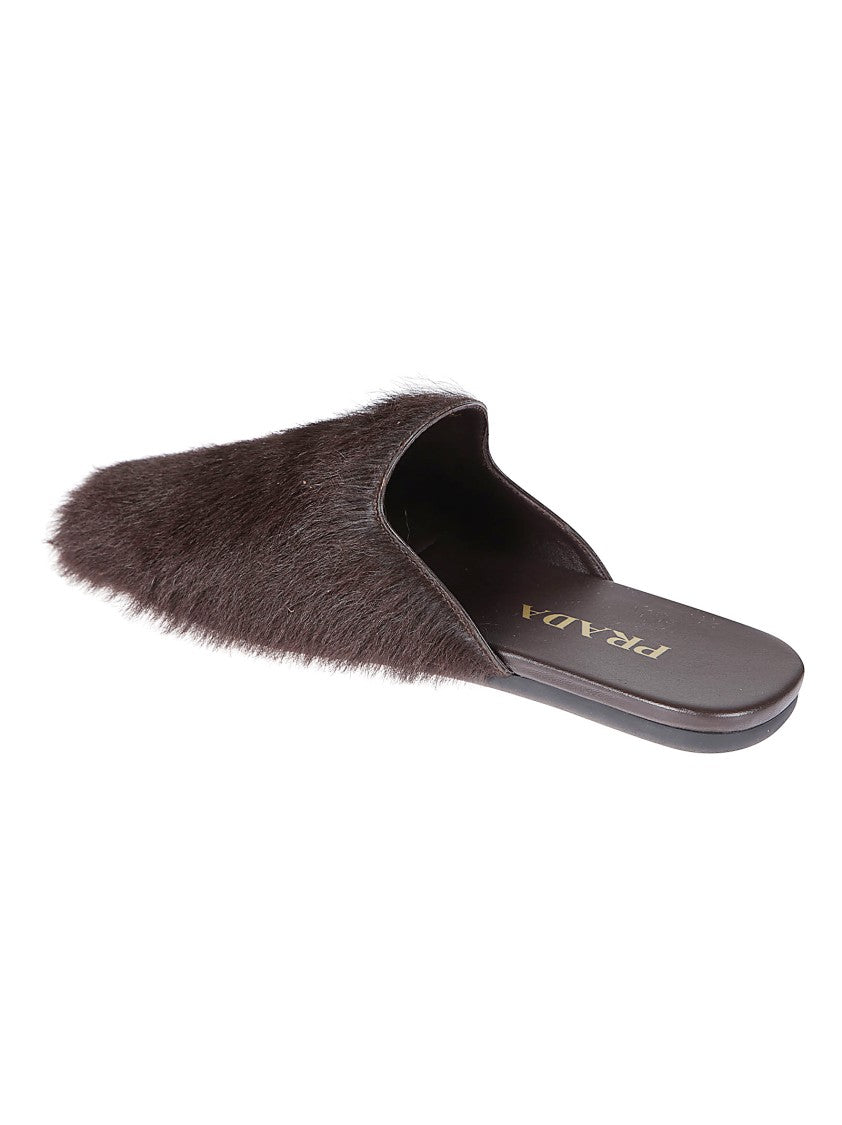 Prada Textured Dark Fur Slip-On Flats With Pointed Toe