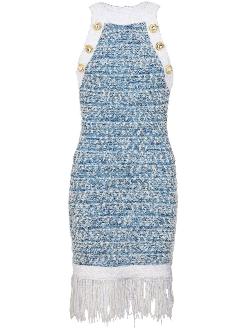 Balmain Powder Blue And Optical White Tweed Mini Dress
