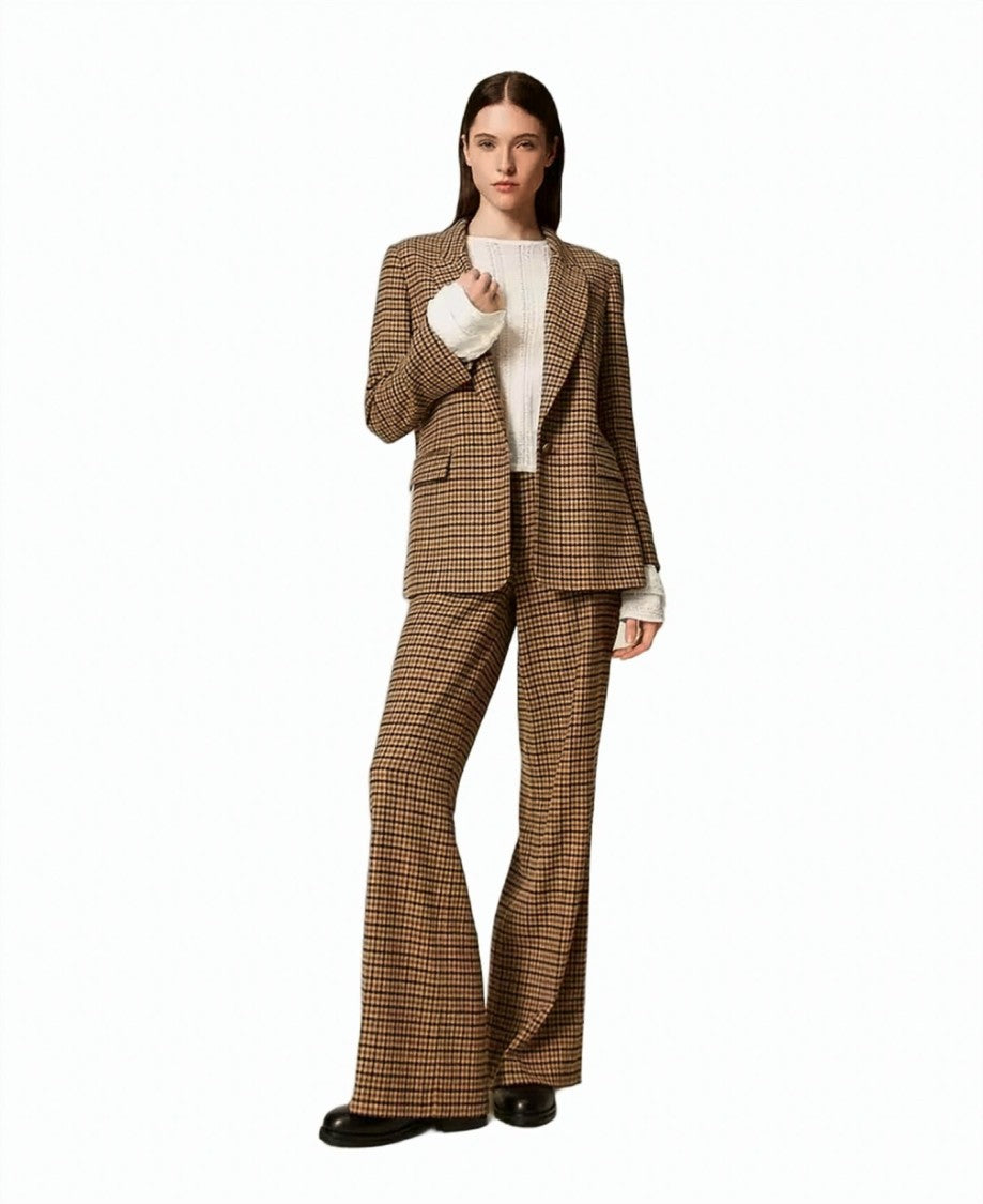 Twin-Set Check Wool-Blend Gold Button Straight-Leg Pants
