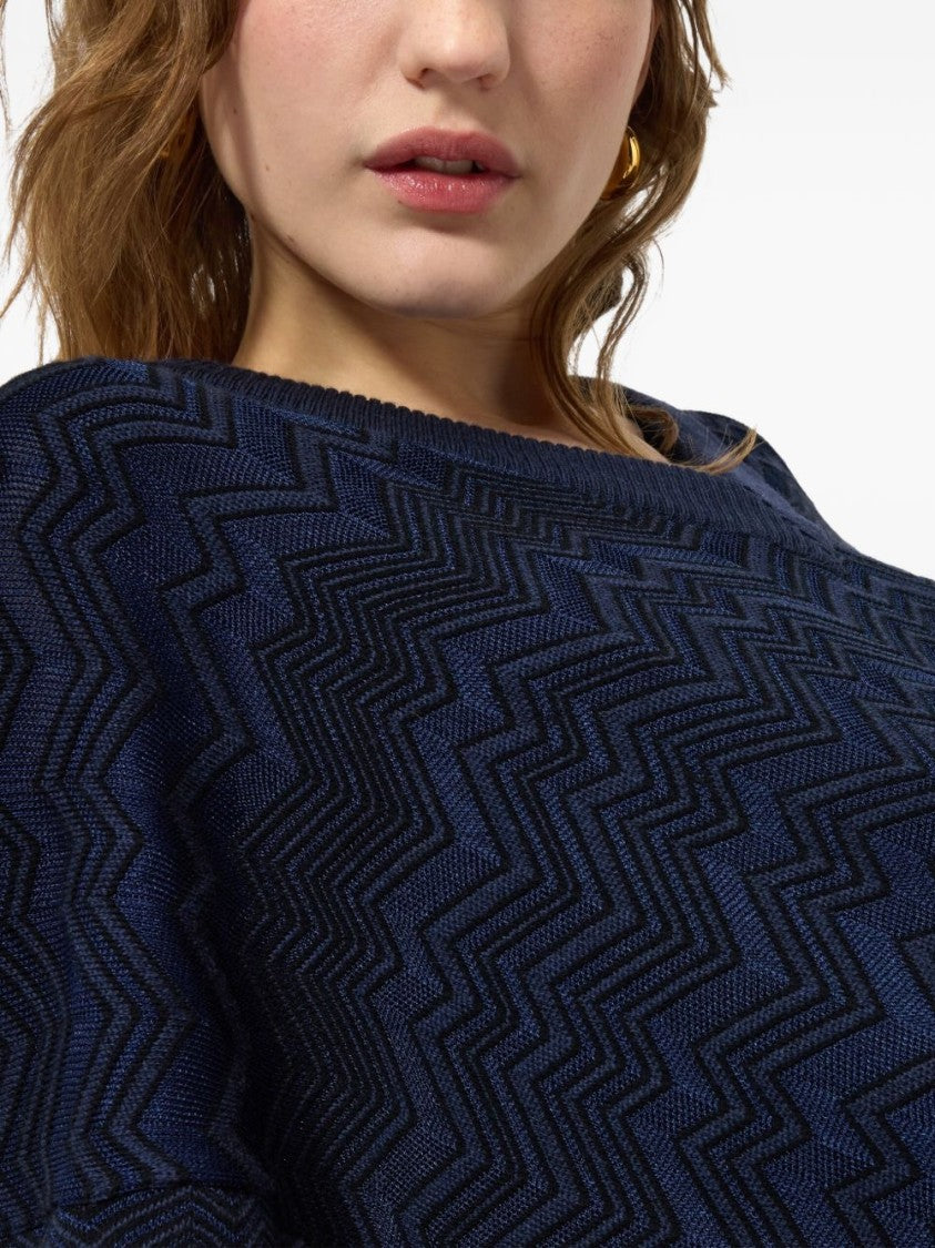 Missoni Blue Textured Knit Deep V-Neck Sweater