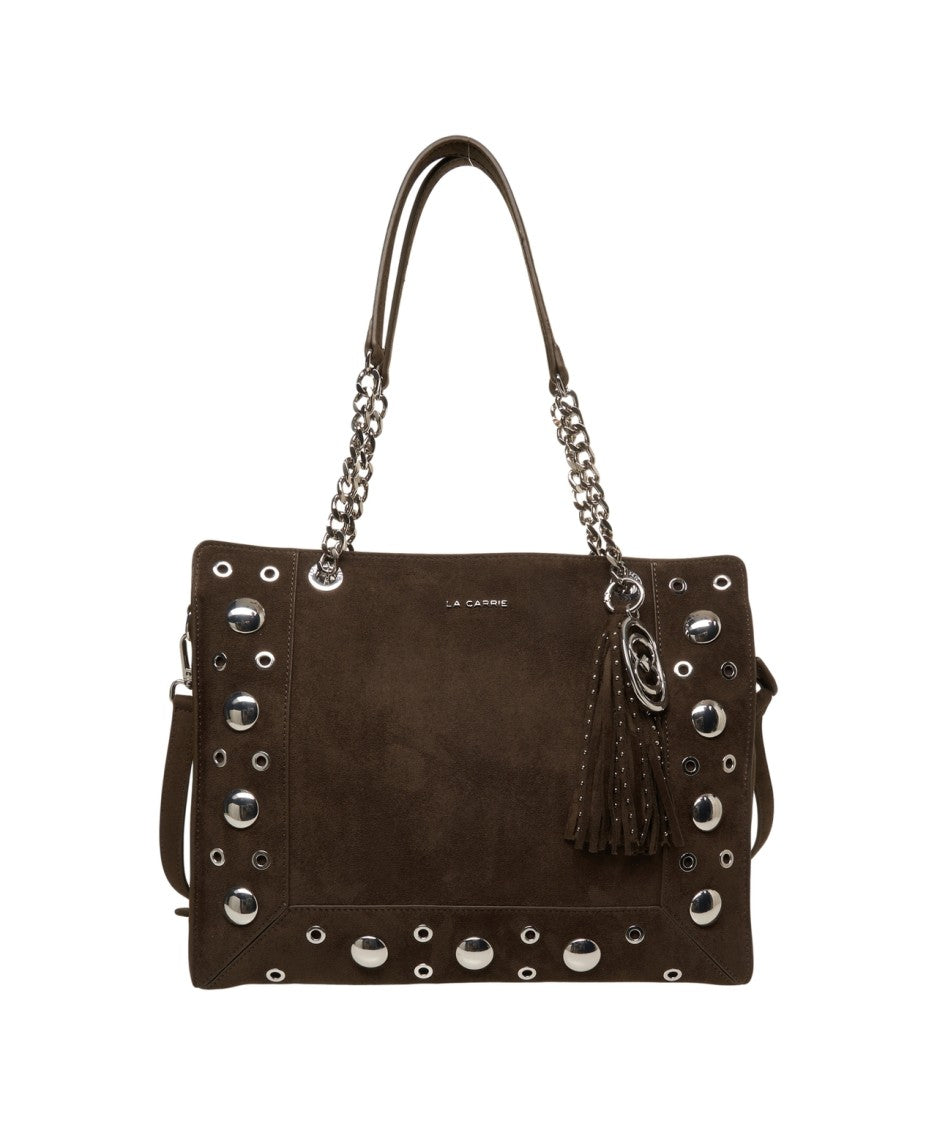 La Carrie Olive Eco Suede Shopper With Studded Accents