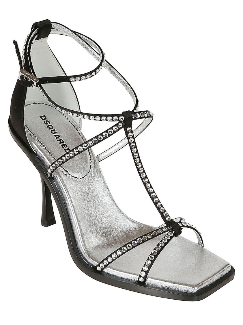 Dsquared2 Strappy Black Sandals With Rhinestone Accents