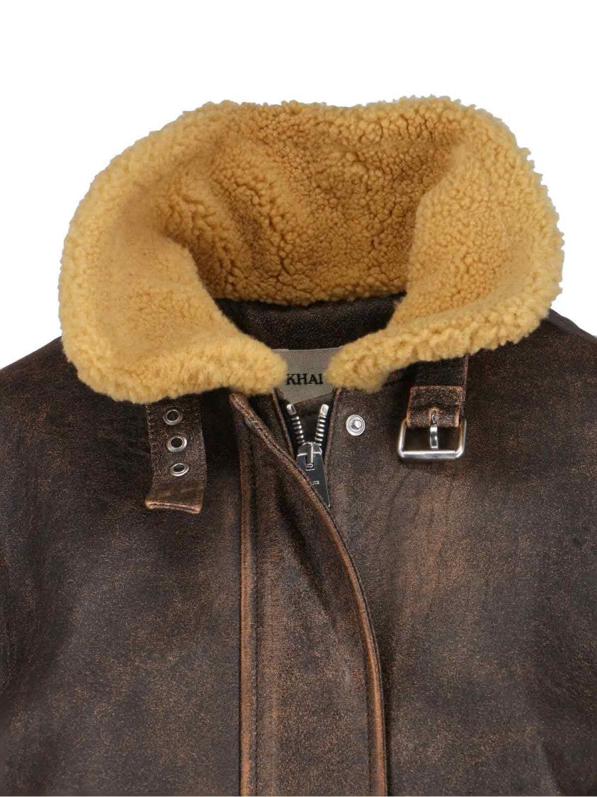 Khaite Distressed Brown Leather Jacket With Shearling Collar